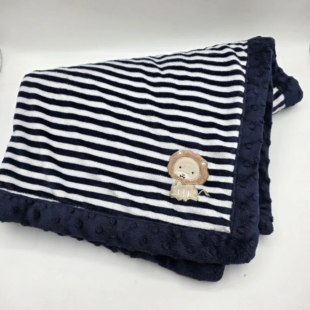 Child of Mine by Carters Baby Blanket Navy Blue White Striped Lion Minky Dot